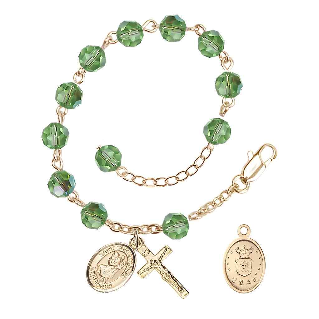 St Christopher Air Force Gold Austrian Crystal Rosary Bracelet in Peridot, Bliss Manufacturing