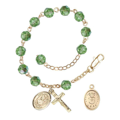 St Christopher Air Force Gold Austrian Crystal Rosary Bracelet in Peridot, Bliss Manufacturing