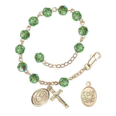 St Christopher Coast Guard Gold Austrian Crystal Rosary Bracelet in Peridot, Bliss Manufacturing