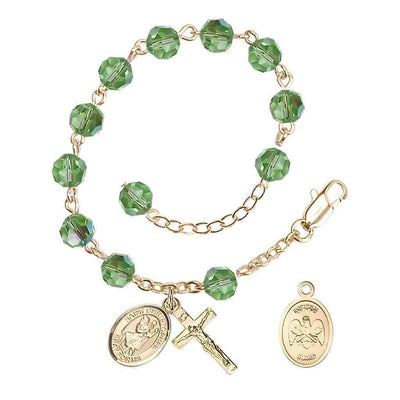 St Christopher National Guard Gold Austrian Crystal Rosary Bracelet in Peridot, Bliss Manufacturing