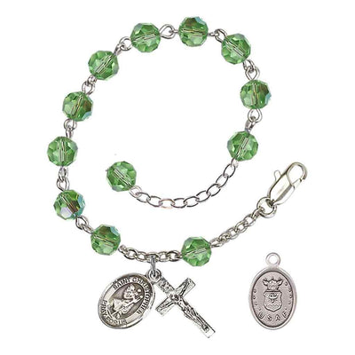 St Christopher Air Force Silver Austrian Crystal Rosary Bracelet in Peridot, Bliss Manufacturing