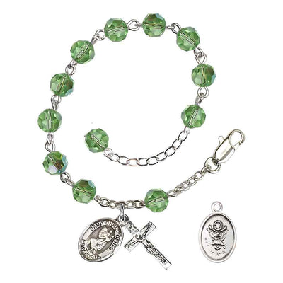 Army St. Christopher Silver Crystal Rosary Bracelet in Peridot, Bliss Manufacturing