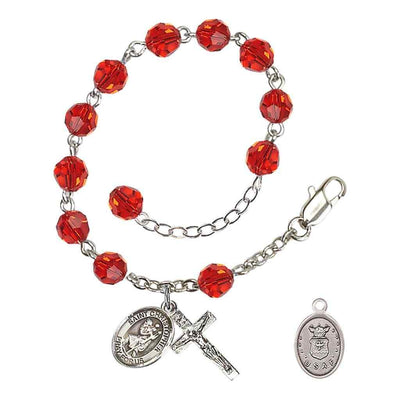 St Christopher Air Force Silver Austrian Crystal Rosary Bracelet in Ruby, Bliss Manufacturing