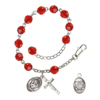 St Christopher Coast Guard Silver Austrian Crystal Rosary Bracelet in Ruby, Bliss Manufacturing