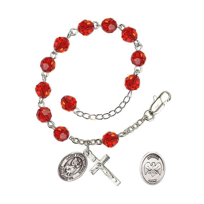 St Christopher National Guard Silver Austrian Crystal Rosary Bracelet in Ruby, Bliss Manufacturing
