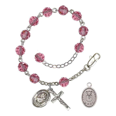 St Christopher Air Force Silver Austrian Crystal Rosary Bracelet in Rose, Bliss Manufacturing