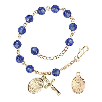 St Christopher Air Force Gold Austrian Crystal Rosary Bracelet in Sapphire, Bliss Manufacturing