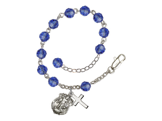 Bliss St Michael Shield & Cross Sapphire Silver Austrian Crystal Rosary Bracelet