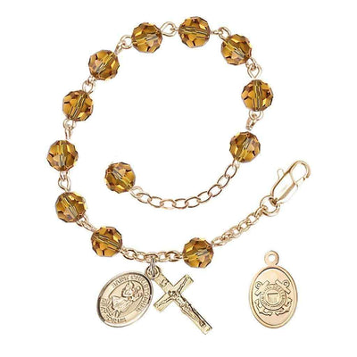 St Christopher Coast Guard Gold Austrian Crystal Rosary Bracelet in Topaz, Bliss Manufacturing
