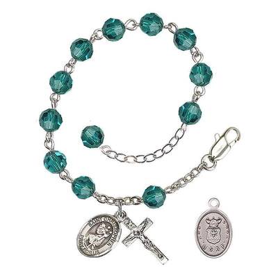 St Christopher Air Force Silver Austrian Crystal Rosary Bracelet in Zircon, Bliss Manufacturing
