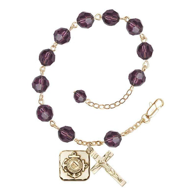 St. Michael Coast Guard Gold-plated 8mm Crystal Rosary Bracelet in Amethyst, Bliss Manufacturing