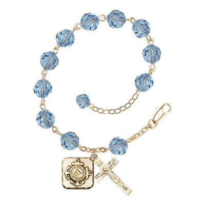 St. Michael Coast Guard Gold-plated 8mm Crystal Rosary Bracelet in Aqua, Bliss Manufacturing