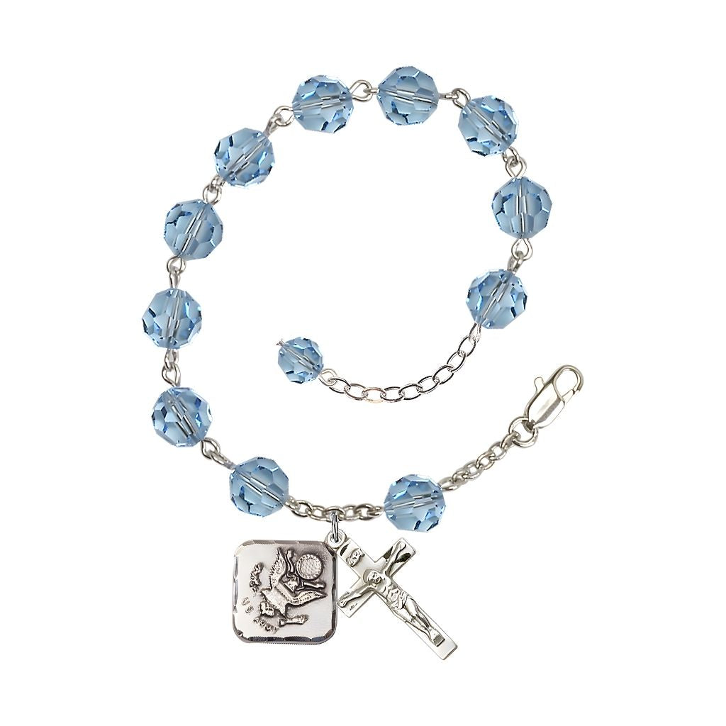 Adjustable St. Michael Army 8mm Crystal Silver Rosary Bracelet in Aqua
