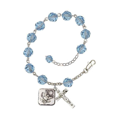 Adjustable St. Michael Army 8mm Crystal Silver Rosary Bracelet in Aqua