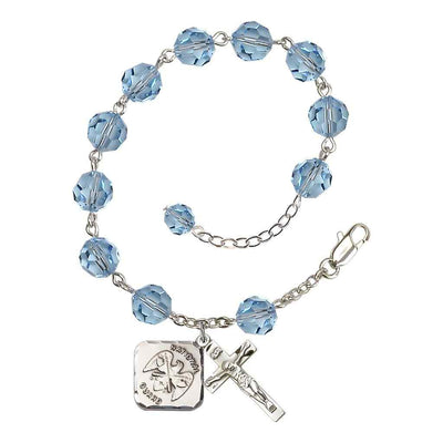 Aqua St Michael National Guard Silver-plated Crystal Rosary Bracelet, Bliss Manufacturing