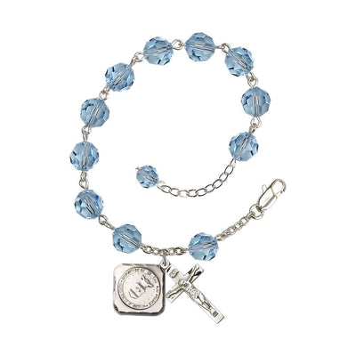 Silver-plated St. Michael the Archangel Air Force US Military Pewter Medal 3/4" x 5/8" and Crucifix 7/8" x 3/8" with 8mm Austrian Crystal Bead Rosary Bracelet in Aqua, Bliss Manufacturing