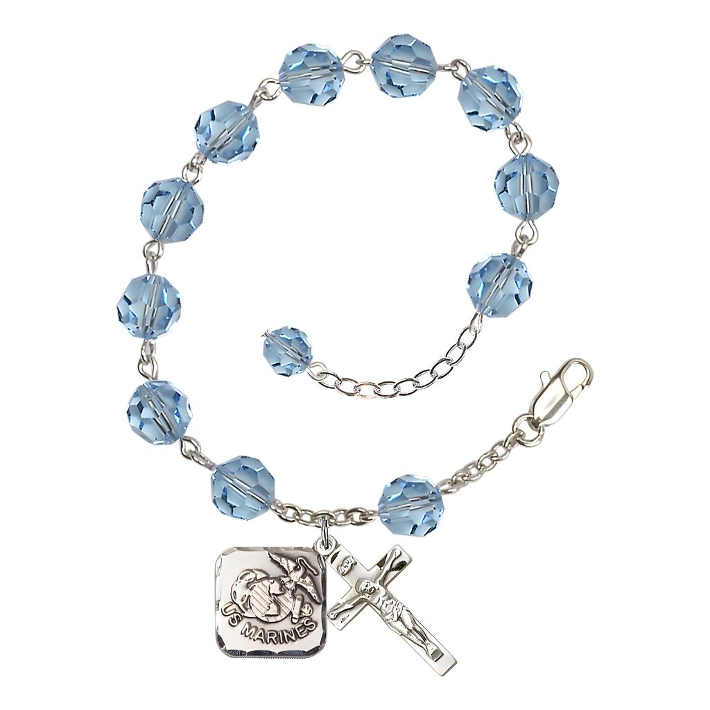 St. Michael Marine 8mm Round Austrian Crystal Rosary Bracelet in Aqua, Bliss Manufacturing