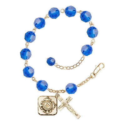 St. Michael Coast Guard Gold-plated 8mm Crystal Rosary Bracelet in Capri Blue, Bliss Manufacturing