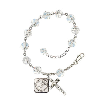 Silver-plated St. Michael the Archangel Air Force US Military Pewter Medal 3/4" x 5/8" and Crucifix 7/8" x 3/8" with 8mm Austrian Crystal Bead Rosary Bracelet in Clear, Bliss Manufacturing