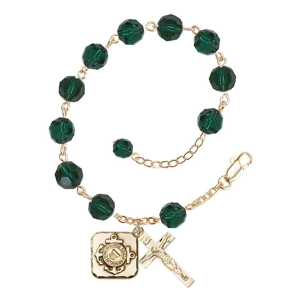 St. Michael Coast Guard Gold-plated 8mm Crystal Rosary Bracelet in Emerald, Bliss Manufacturing