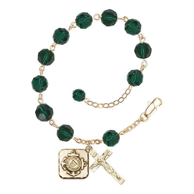 St. Michael Coast Guard Gold-plated 8mm Crystal Rosary Bracelet in Emerald, Bliss Manufacturing