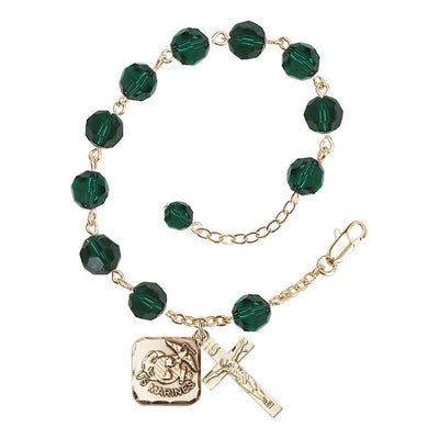 St. Michael Marine Gold 8mm Crystal Rosary Bracelet in Emerald, Bliss Manufacturing