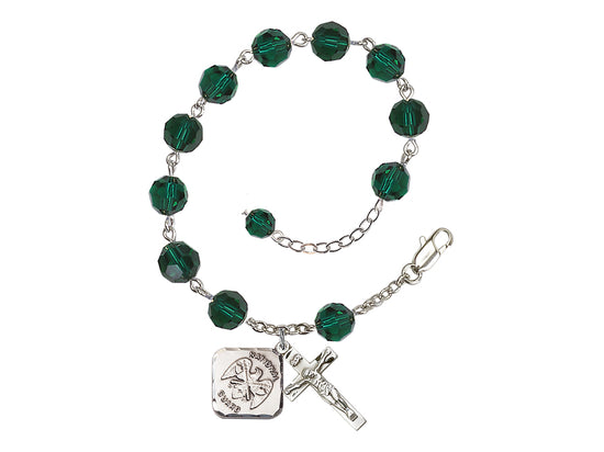 Emerald St Michael National Guard Silver-plated Crystal Rosary Bracelet