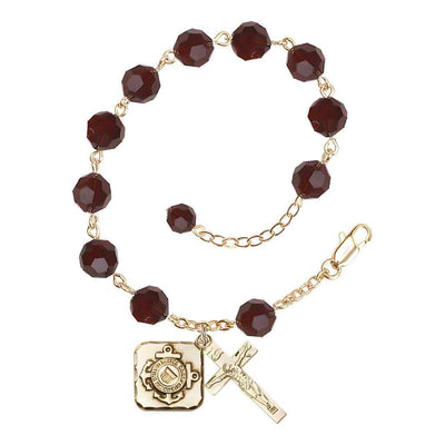 St. Michael Coast Guard Gold-plated 8mm Crystal Rosary Bracelet in Garnet, Bliss Manufacturing