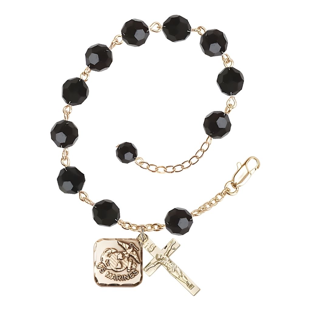 St. Michael Marine Gold 8mm Crystal Rosary Bracelet in Jet, Bliss Manufacturing