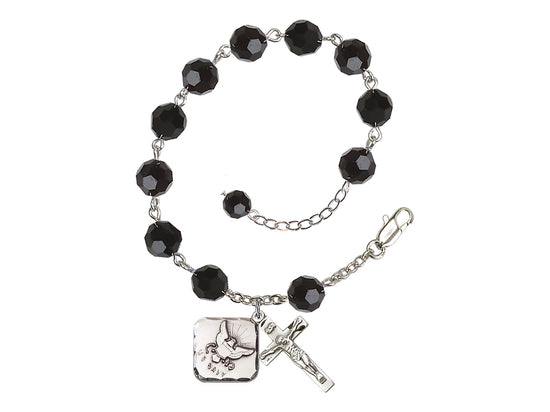 Adjustable Silver Plated 8mm Austrian Crystal Rosary Bracelet in Jet,