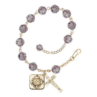 St. Michael Coast Guard Gold-plated 8mm Crystal Rosary Bracelet in Light Amethyst, Bliss Manufacturing