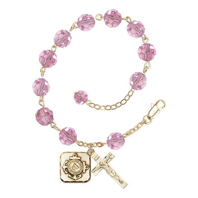 St. Michael Coast Guard Gold-plated 8mm Crystal Rosary Bracelet in Light Rose, Bliss Manufacturing