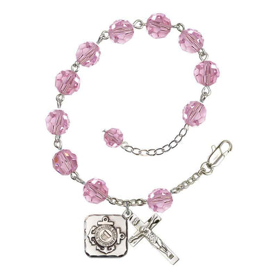 St. Michael Coast Guard Silver 8mm Crystal Rosary Bracelet in Light Rose, Bliss Manufacturing
