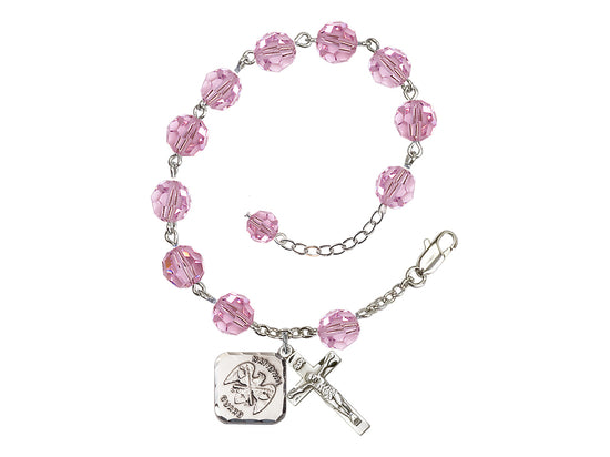 Light Rose St Michael National Guard Silver-plated Crystal Rosary Bracelet