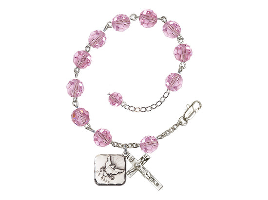 Adjustable Silver Plated 8mm Austrian Crystal Rosary Bracelet in Light Rose,