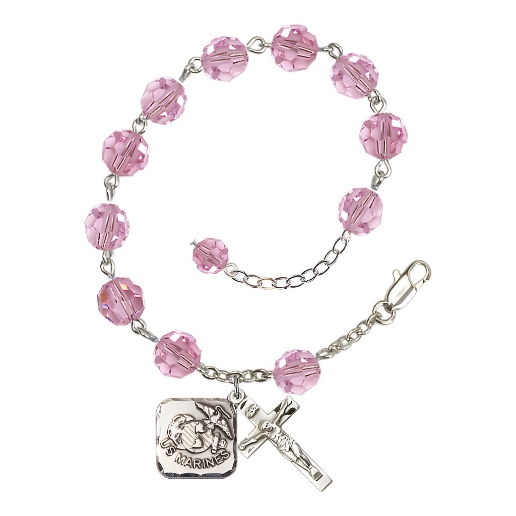 St. Michael Marine 8mm Round Austrian Crystal Rosary Bracelet in Light Rose, Bliss Manufacturing