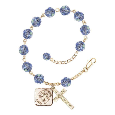 National Guard Adjustable Gold Plated 8mm Austrian Crystal Rosary Bracelet in Light Sapphire, Bliss Manufacturing