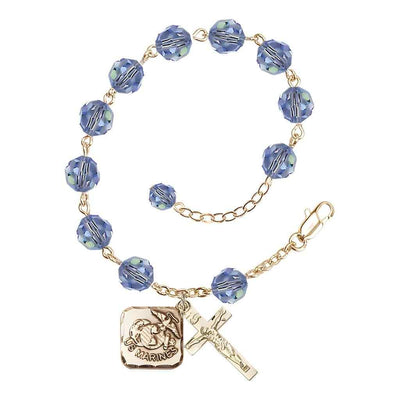 St. Michael Marine Gold 8mm Crystal Rosary Bracelet in Light Sapphire, Bliss Manufacturing