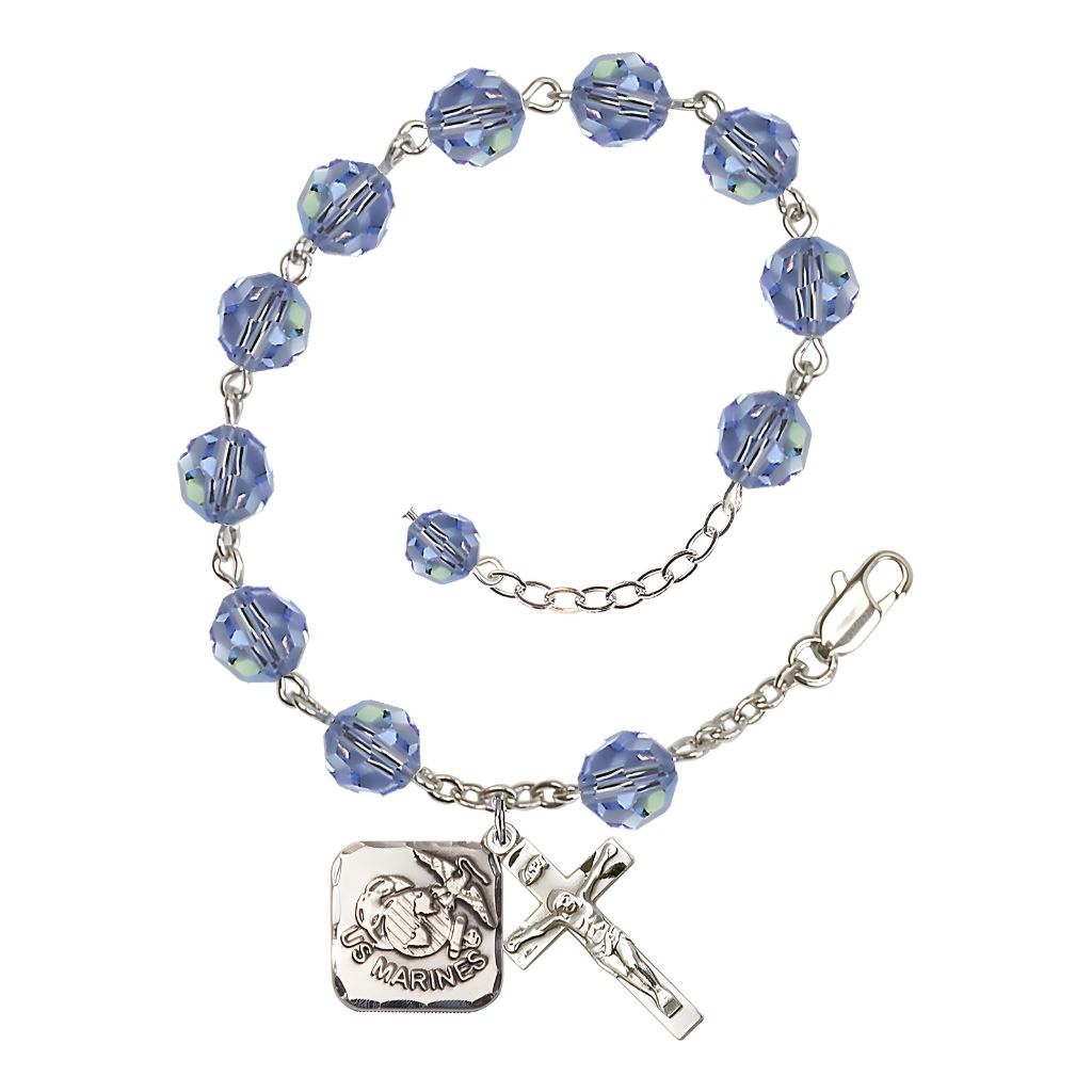 St. Michael Marine 8mm Round Austrian Crystal Rosary Bracelet in Light Sapphire, Bliss Manufacturing