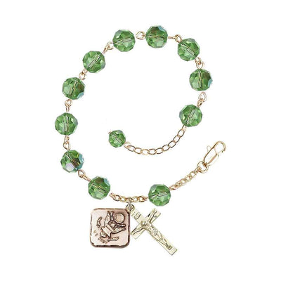 Adjustable St. Michael Army Gold Plated rosary bracelet with 8mm round Austrian Crystal beads in Peridot