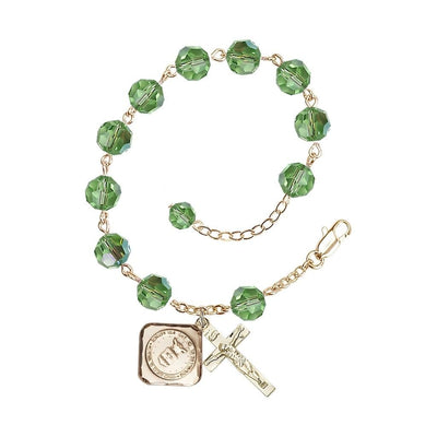 Gold-plated St. Michael the Archangel Air Force US Military Pewter Medal with 8mm Austrian Crystal Bead Rosary Bracelet in Peridot, Bliss Manufacturing