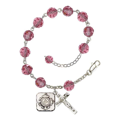 St. Michael Coast Guard Silver 8mm Crystal Rosary Bracelet in Rose, Bliss Manufacturing