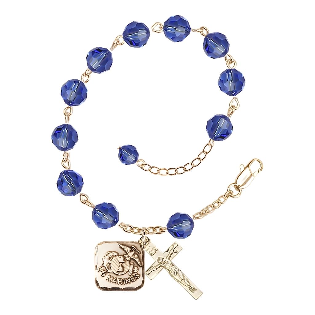 St. Michael Marine Gold 8mm Crystal Rosary Bracelet in Sapphire, Bliss Manufacturing