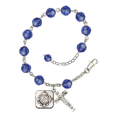 St. Michael Coast Guard Silver 8mm Crystal Rosary Bracelet in Sapphire, Bliss Manufacturing