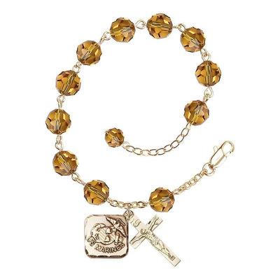 St. Michael Marine Gold 8mm Crystal Rosary Bracelet in Topaz, Bliss Manufacturing