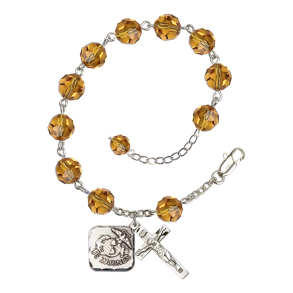 St. Michael Marine 8mm Round Austrian Crystal Rosary Bracelet in Topaz, Bliss Manufacturing