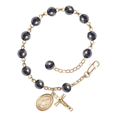 6mm Round Hematite Round Bead Miraculous with gold-plated crucifix and Miraculous centerpiece rosary bracelet, Bliss Manufacturing