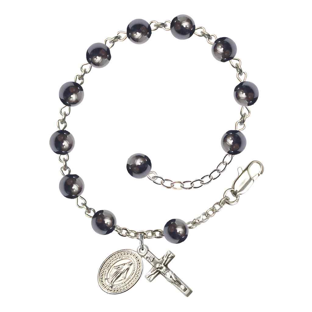 6mm Round Hematite Round Bead Miraculous with silver-plated crucifix and Miraculous centerpiece rosary bracelet, Bliss Manufacturing
