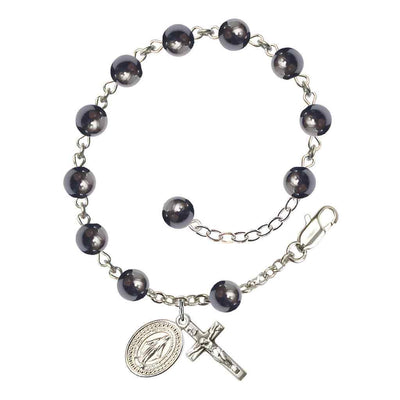 6mm Round Hematite Round Bead Miraculous with silver-plated crucifix and Miraculous centerpiece rosary bracelet, Bliss Manufacturing