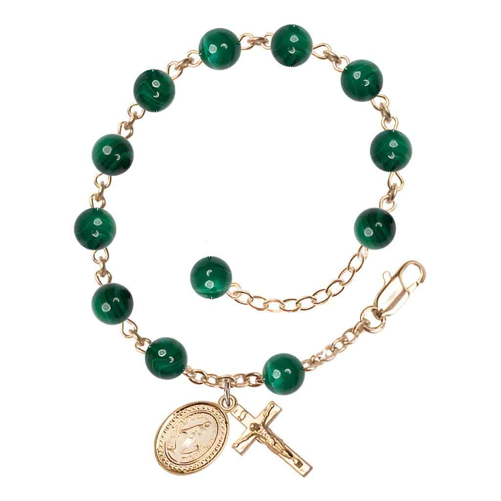 6mm Round Malachite Round Bead Miraculous with gold-plated crucifix and Miraculous centerpiece rosary bracelet, Bliss Manufacturing